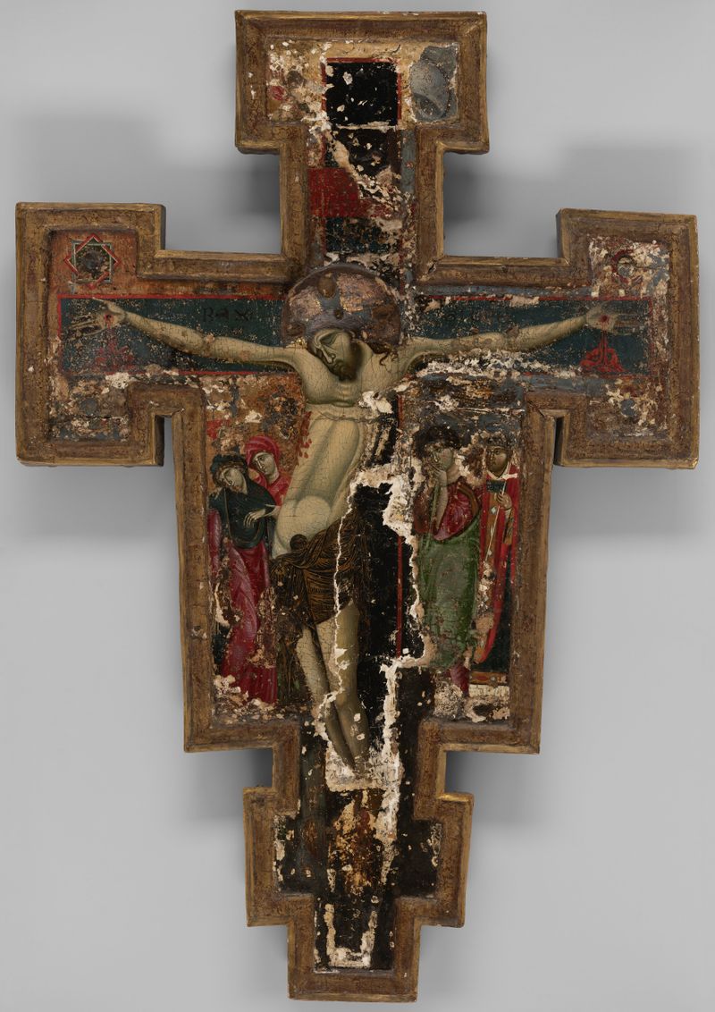 Crucifix con Virgen y Santos, temple sobre panel por Master of Saint Clare