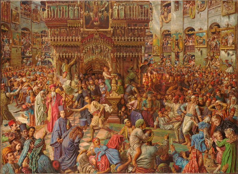 The Miracle of the Sacred Fire, resin by William Holman Hunt, depicting a crowd illuminated by sacred flames.