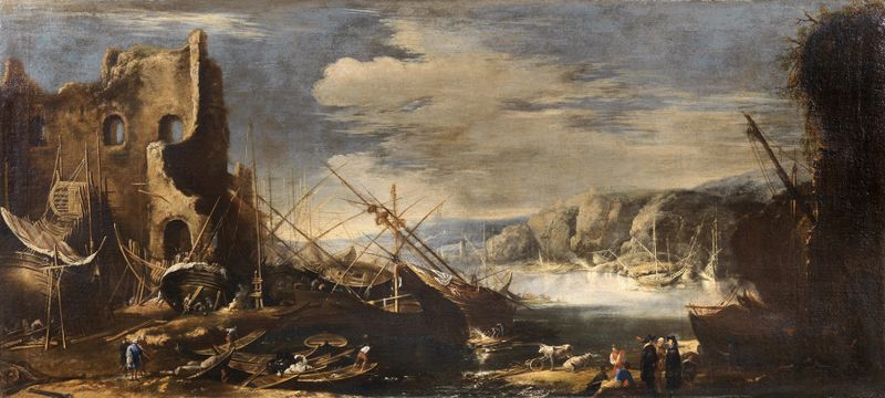 Coastal landscape with shipwrecks and ruins, oil painting by Salvator Rosa