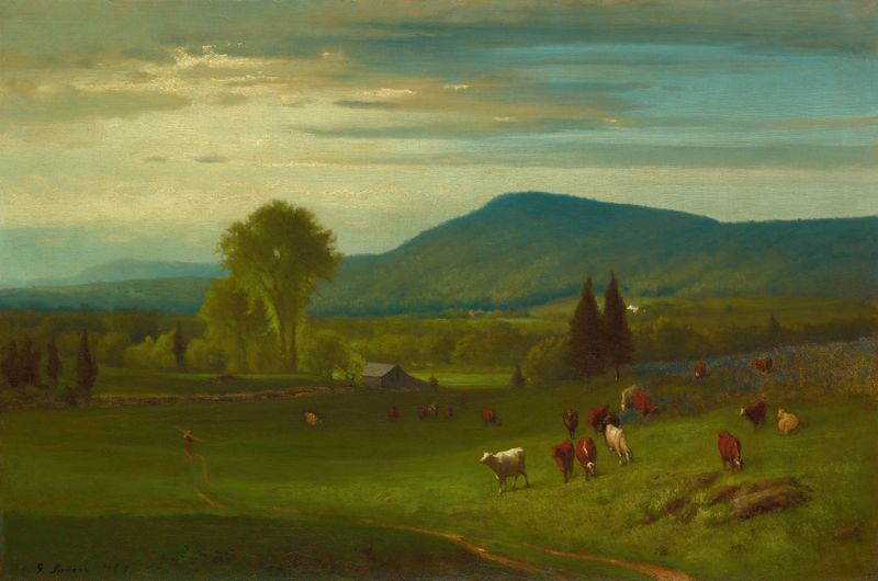 Verão nos Catskills, óleo de George Inness que retrata uma paisagem exuberante com prados e luz solar.