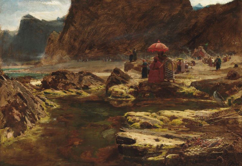 Landscape featuring a lake and camp at twilight by Albert Goodwin, oil painting