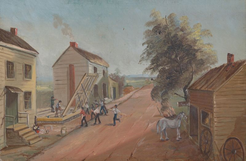 House Raising by William P. Chappel, depicting builders raising a wooden frame, realism