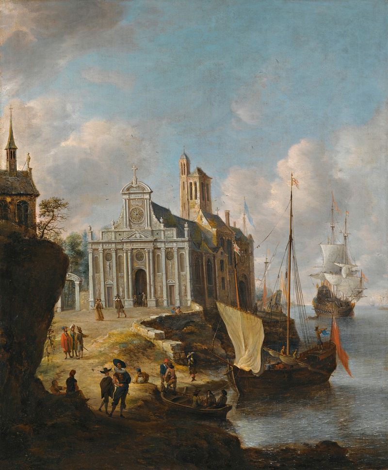 A Capriccio Of A Mediterranean Port, óleo sobre tela de Jan Abrahamsz Beerstraaten, mostrando barcos e pôr do sol sobre a ...