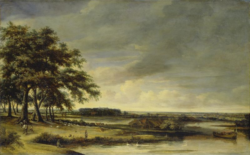 Dutch Landscape by Philips Koninck, oil on canvas, features vibrant fields and a serene horizon.