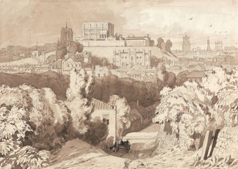 View of Norwich de Miles Edmund Cotman, óleo que muestra un paisaje tormentoso con techos de ciudad.