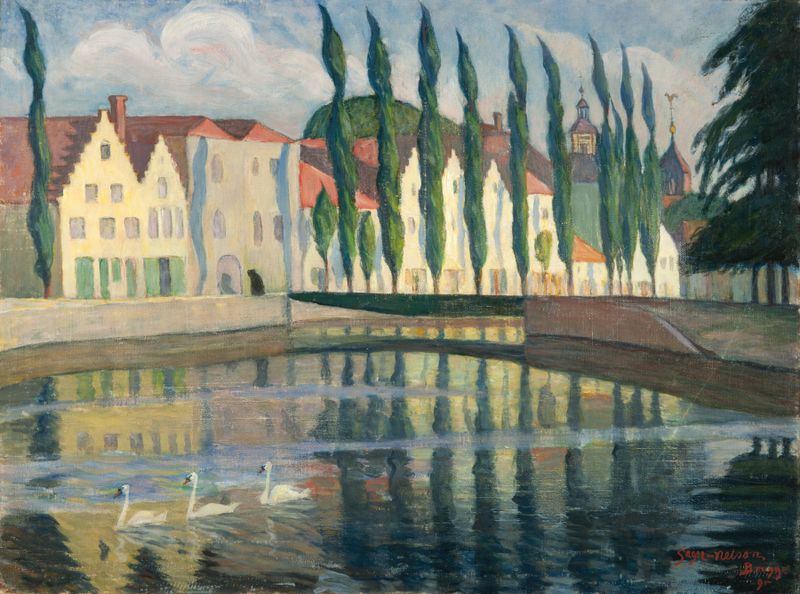 Paisaje con un canal y una figura de Olof Sager-Nelson, pintura al óleo