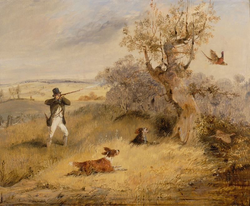 Pheasant Shooting de Henry Thomas Alken, representando a un cazador con un rifle en un bosque, pintura al óleo