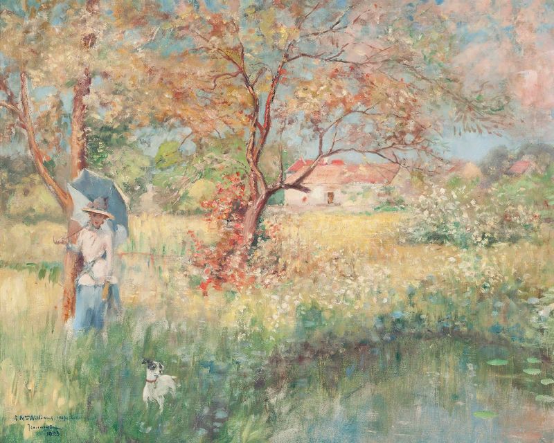 Pintura a óleo de Pierre-Georges Jeannoit com campos dourados e colinas