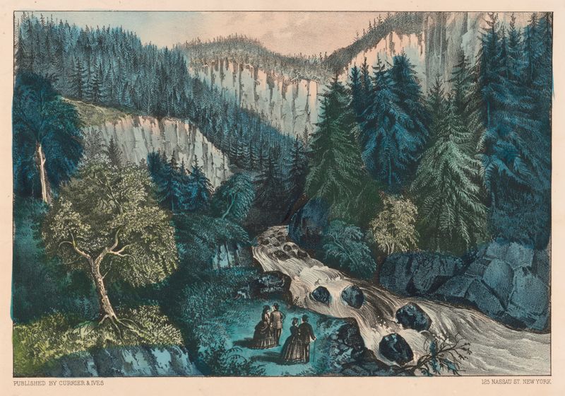 Landscape with mist over water, by Currier & Ives, medium unknown