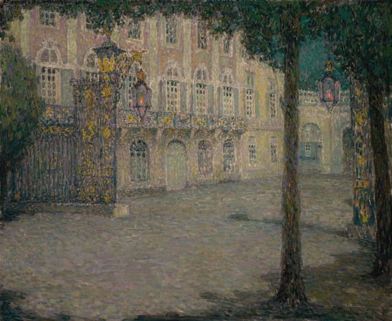 Cena noturna com lampiões e paralelepípedos, óleo sobre tela de Henri Le Sidaner