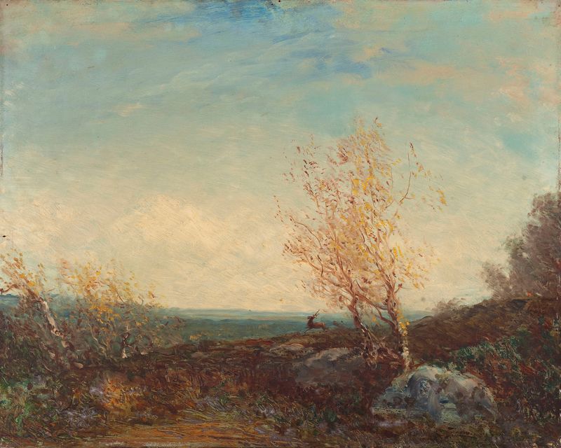 Cerf Dans La Forêt De Fontainebleau, óleo sobre tela de Félix Ziem representando um cervo em uma floresta