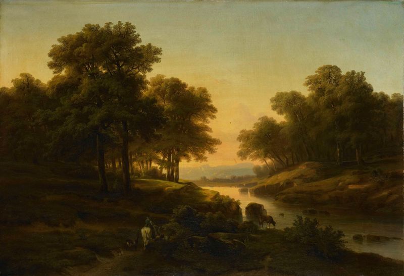 Landscape by Alexandre Calame, oil on canvas depicting mountains and light.