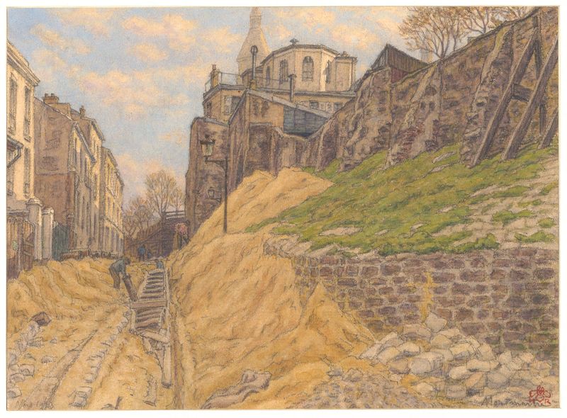 Montmartre (rue Cortot) aquarela sobre papel de Henri Rivière retratando uma rua parisiense com paralelepípedos.