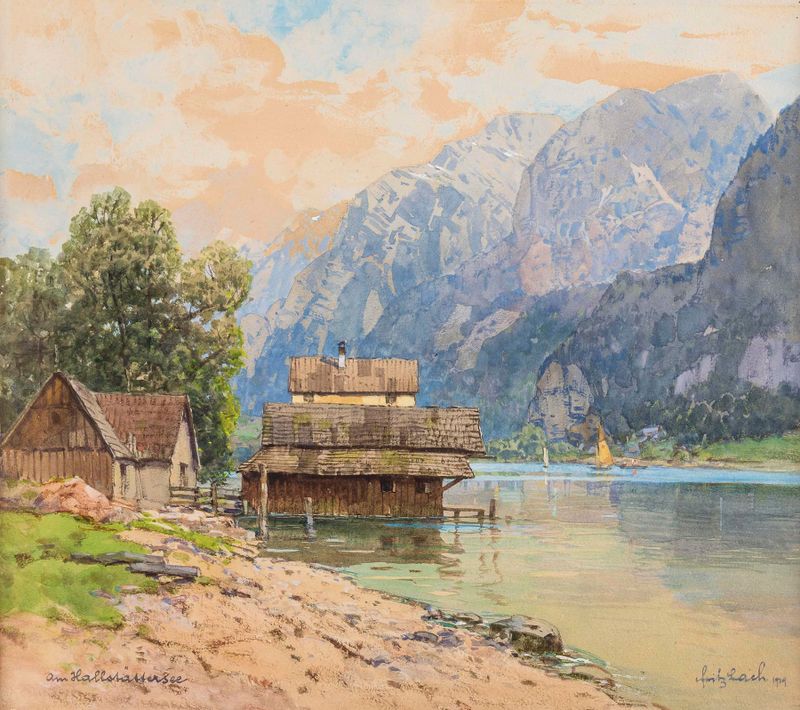 Boathouses by Hallstätter See, oil on canvas by Fritz Lach