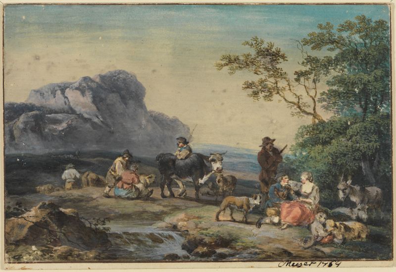 Pintura a óleo rococó de Georg Friedrich Meyer mostrando pastores em uma paisagem serena.