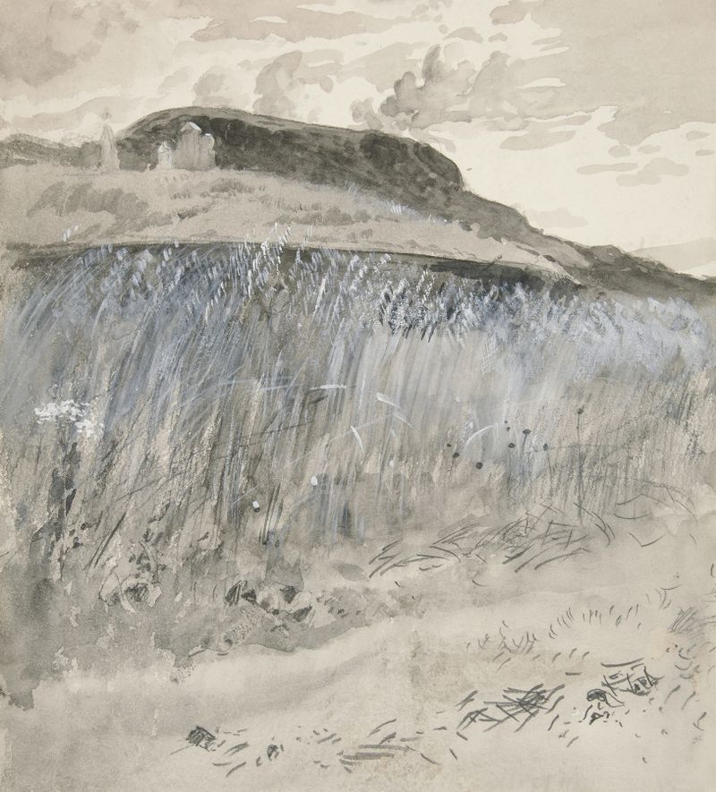 Landscape – Fields de Edwin Austin Abbey, óleo sobre lienzo que representa campos exuberantes en verdes y dorados vibrantes