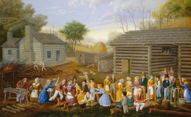 Flax Scutching Bee by Linton Park, oil painting showing figures engaged in scutching flax in a rural setting.