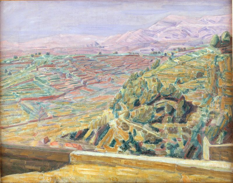 Oil painting by Niels Larsen Stevns depicting a landscape with hills and soft light.