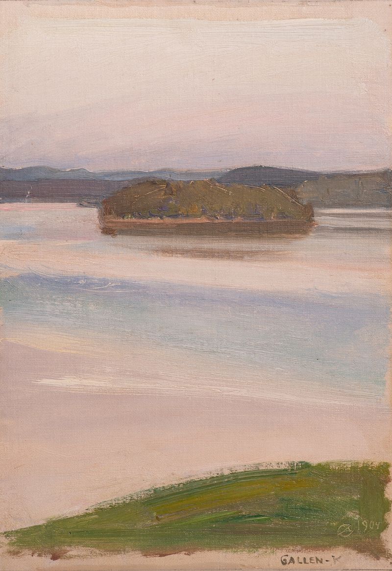 Lake Keitele, oil painting by Akseli Gallen-Kallela, features tranquil waters and dawn reflections.