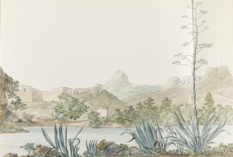 Paisaje con el río Platani y Agrigento de Abraham-Louis-Rodolphe Ducros, pintura al óleo.
