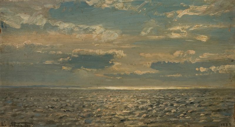 Skyet vær de Amaldus Nielsen, óleo sobre tela que retrata uma paisagem melancólica com nuvens.