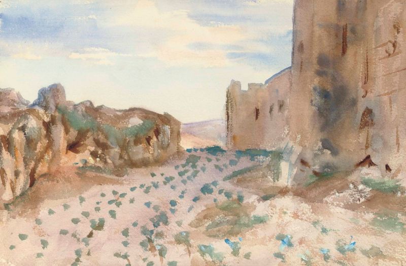 Fortress, Road and Rocks de John Singer Sargent, óleo sobre tela representando rochas rugosas e colinas distantes.