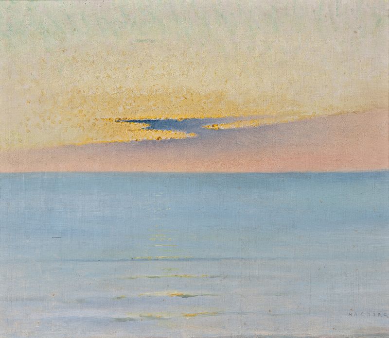 Sea in Sunset by August Hagborg, oil on canvas depicting a tranquil ocean at sunset.