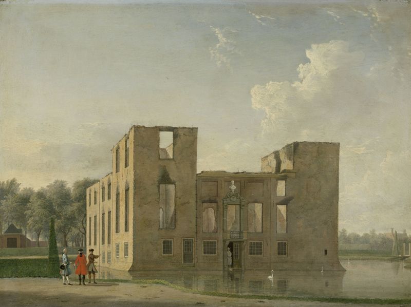 Rear View of Berckenrode Castle in Heemstede after the Fire, oil painting by Jan ten Compe