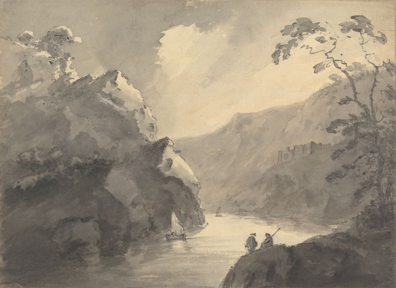 Paisaje montañoso con río serpenteante y castillo, acuarela sobre papel de William Gilpin