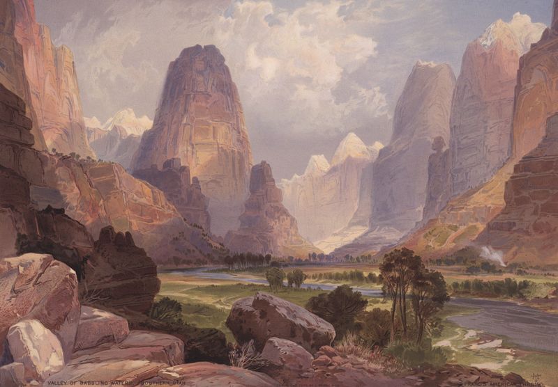 Valley of the Babbling Waters de Thomas Moran, pintura a óleo que retrata uma paisagem vibrante com água fluindo.