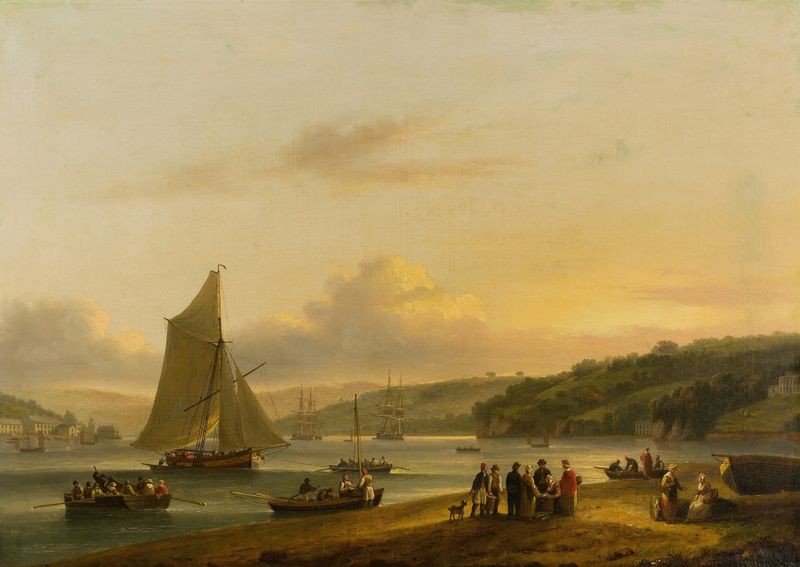 Along the Water’s Edge by Thomas Luny, oil on canvas depicting a tranquil river at sunset.