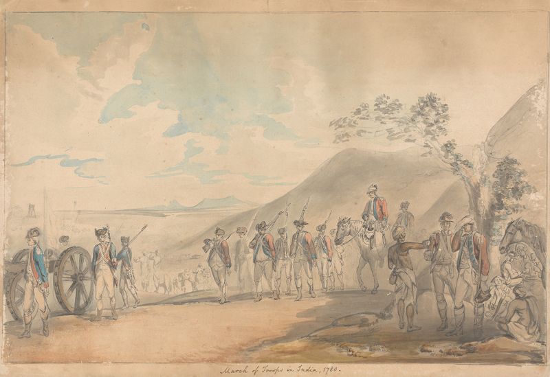 March of Troops in India, oil on canvas by Samuel Davis, depicting soldiers marching through a dramatic landscape.