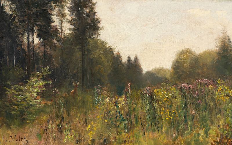 Waldlichtung mit Reh de Ludwig Gustav Voltz, óleo sobre tela que retrata um cervo em uma floresta ensolarada.