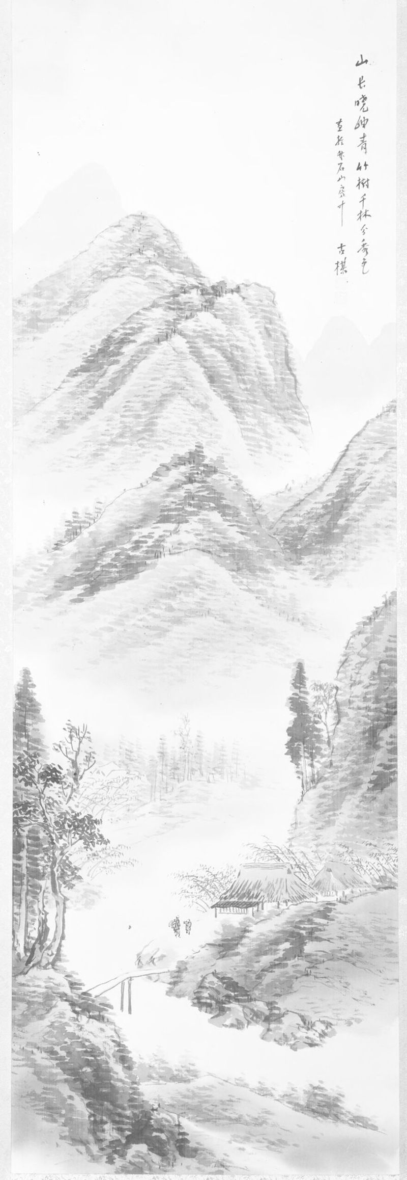 Paisaje de Otoño de Kobai, tinta sobre seda que muestra un río y un bosque sereno.