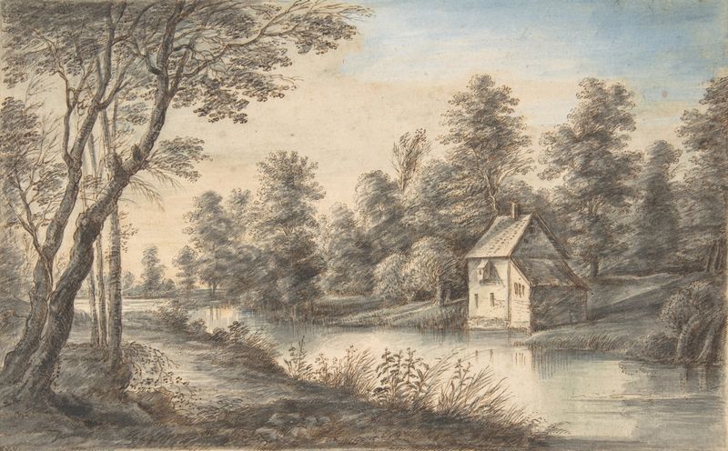 Wooded landscape with a house beside a river, oil on canvas by Lucas van Uden