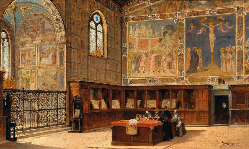 Cena interior com vitrais e arquitetura, óleo sobre tela de Antonietta Brandeis