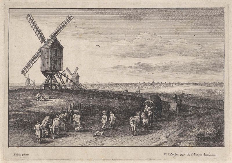 Landschap met vier windmolens, gravura de Wenceslaus Hollar mostrando quatro moinhos de vento em uma paisagem serena.