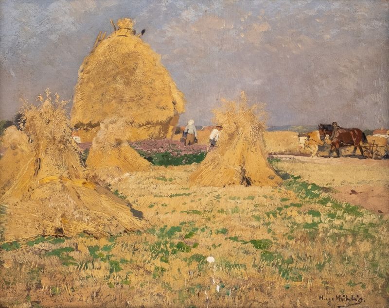 Agricultores colhendo feno em uma pintura a óleo de Hugo Mühlig