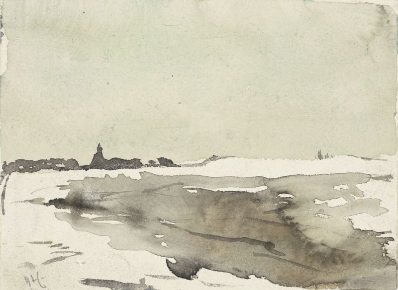 Winter landscape with a church in the distance, oil on canvas by Adolf le Comte