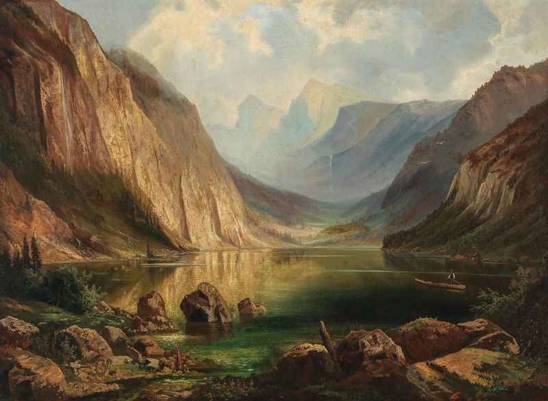 Landscape featuring a serene lake and mountains by Ferdinand Lepie, 1873