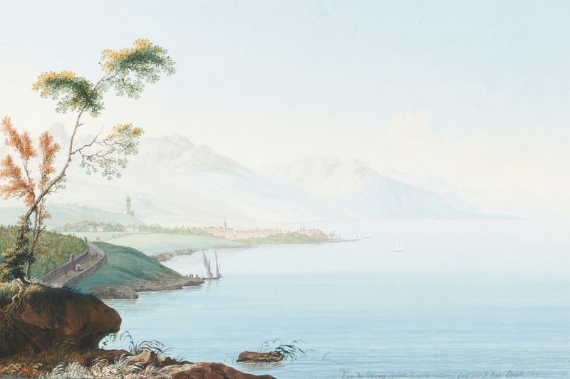 Vue de Vevay de Jean-Antoine Linck, óleo sobre lienzo que representa colinas y un pueblo.