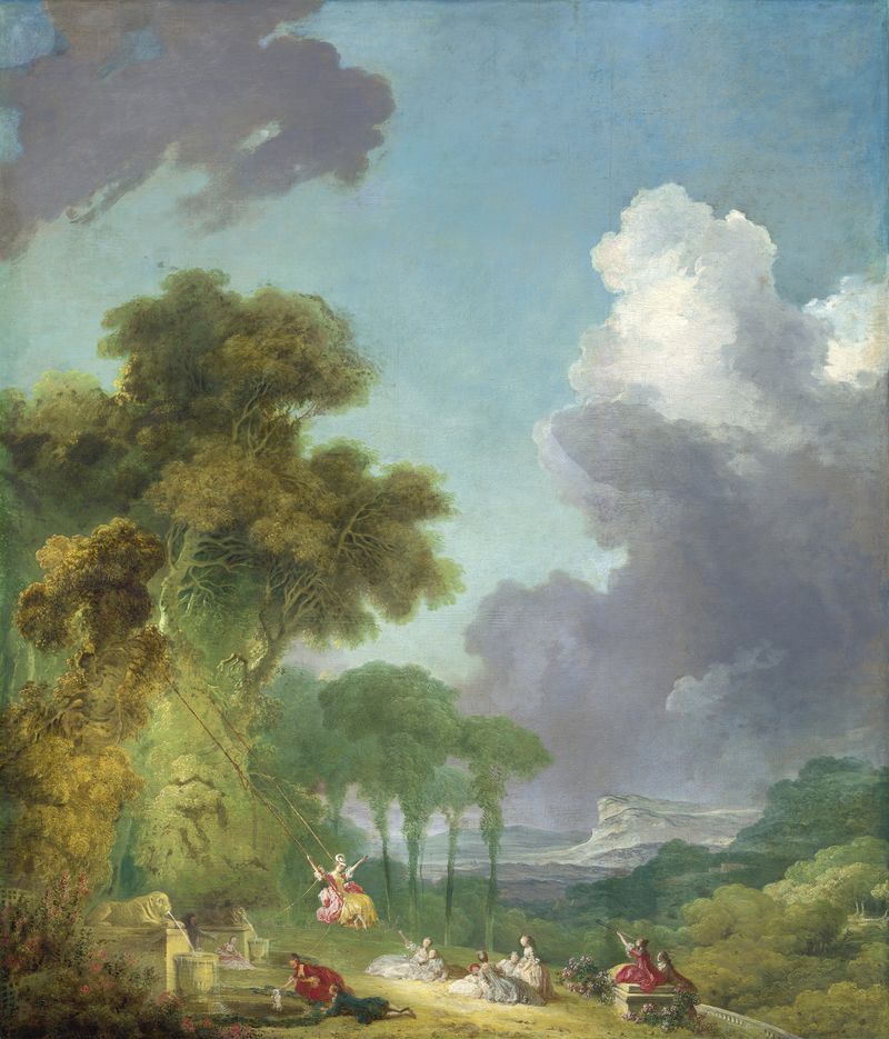 The Swing by Jean-Honoré Fragonard, oil on canvas depicting playful figures in a garden.