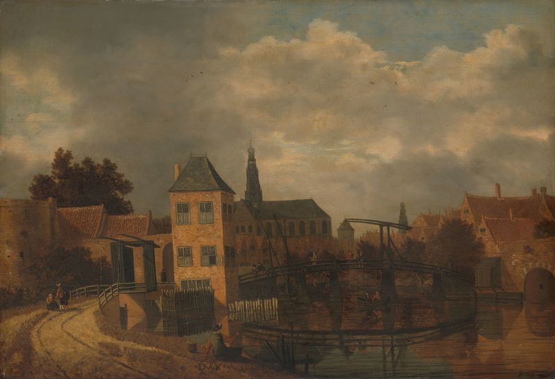 Landscape of Haarlem with river and gabled houses, oil painting by Balthasar van der Veen
