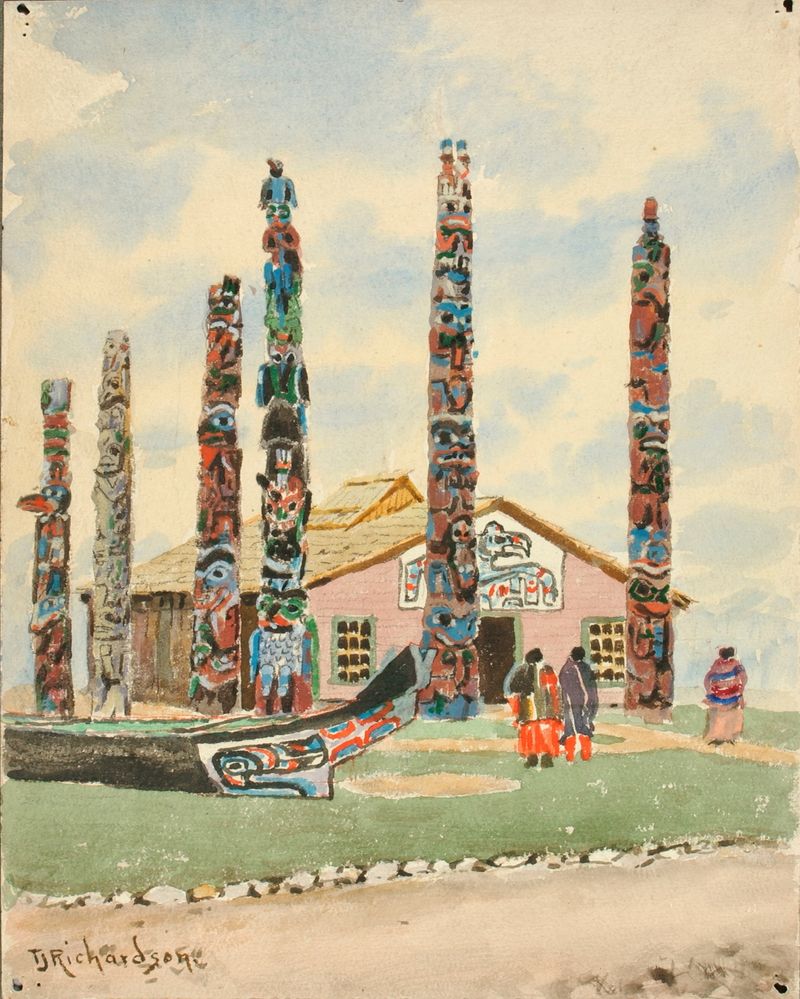 Alaska Building com tótems, escultura em madeira de Theodore J. Richardson
