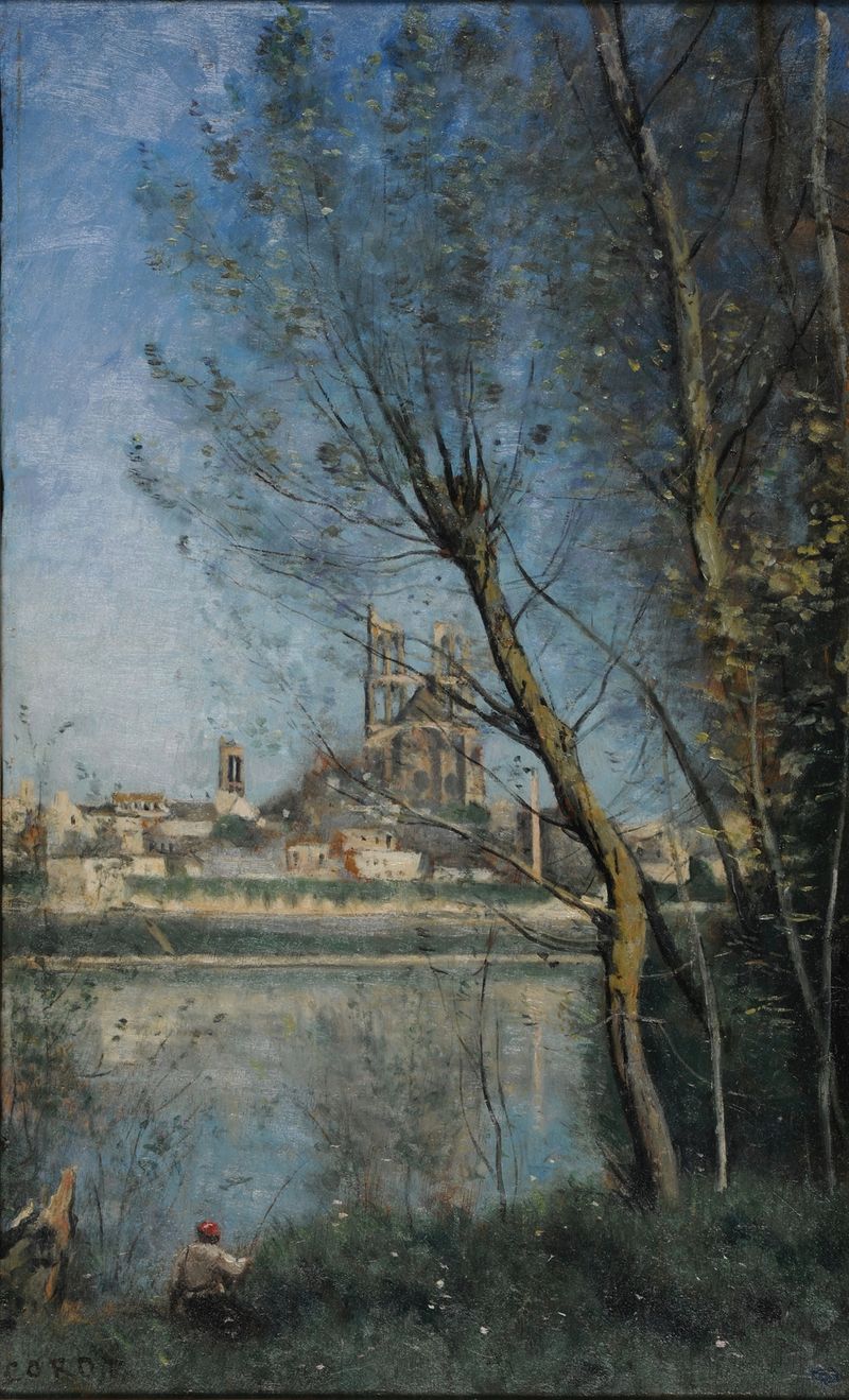 Mantes (le matin) de Jean-Baptiste-Camille Corot, óleo que representa un paisaje de río tranquilo por la mañana.