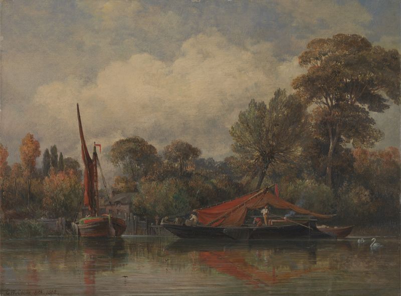 Paisagem de Edward William Cooke, retratando um rio, casas e árvores em realismo