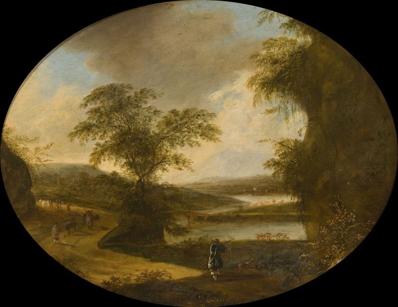 Italian landscape with hunters, oil painting by Ottomar Hackius