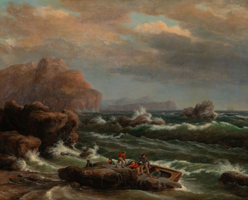 Marine scene with a small boat on the shoreline, oil painting by Thomas Birch