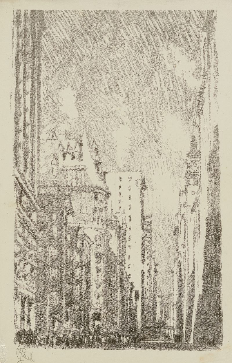 Broadway From Bowling Green litografía de Joseph Pennell que representa arquitectura urbana