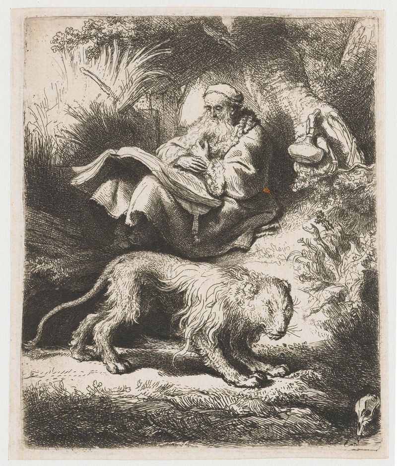 Gravura de São Jerônimo Lendo de Rembrandt van Rijn mostrando um leão e um livro